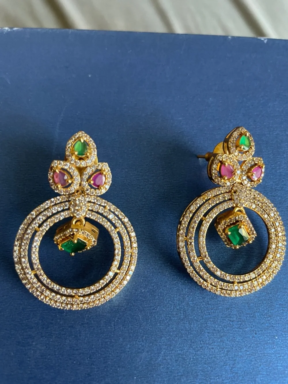 Gold-Tone Multi-Gem Drop Earrings with Green and Pink Stones